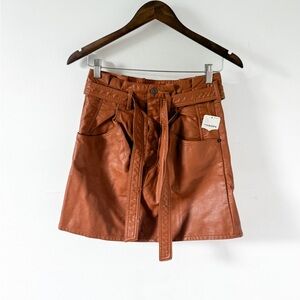NWT Free People Brown Faux Leather Belted Mini Skirt